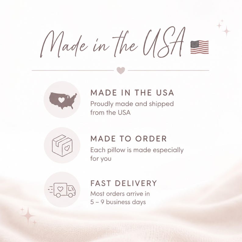 May include: A white informational graphic featuring the text Made in the USA with a small American flag icon. Below, three circular icons display a map of the USA, a cardboard box, and a delivery truck, each containing a heart symbol and text.