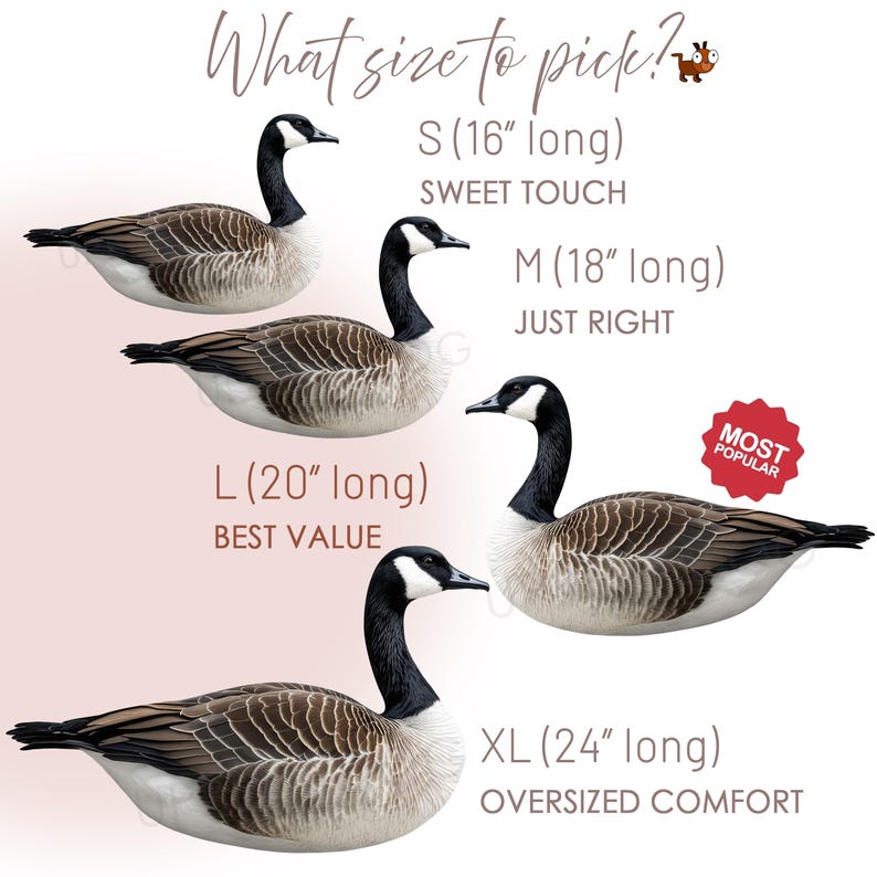 May include: A size guide featuring four Canada geese illustrations with text: What size to pick? S (16 inches long) Sweet Touch, M (18 inches long) Just Right, L (20 inches long) Best Value, and XL (24 inches long) Oversized Comfort with a Most Popular badge.