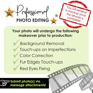 Op de afbeelding: Een groene en witte afbeelding met de tekst "Professional Photo Editing" en een lijst met aangeboden fotobewerkingsservices: Achtergrond verwijderen, Retoucheren van onvolkomenheden, Kleurcorrectie, Vacht randen retoucheren, Rode ogen verwijderen. De tekst "You will receive a mockup once the artwork is complete!" staat in een rood rechthoek. De tekst "Submit photo(s) via message attachments!" staat in een zwart rechthoek met een wijzende hand.