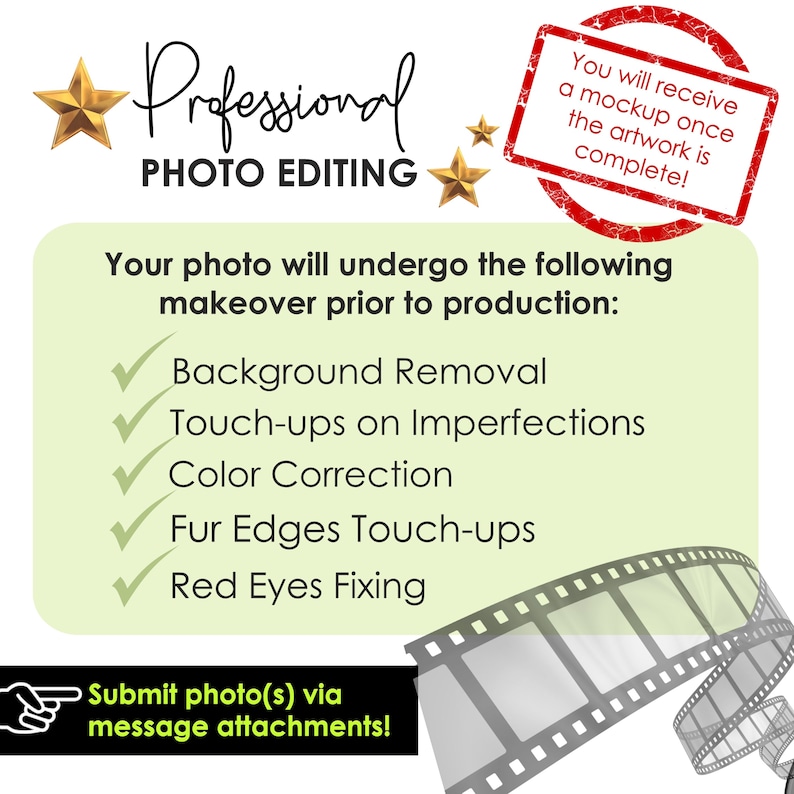 Op de afbeelding: Een groene en witte afbeelding met de tekst "Professional Photo Editing" en een lijst met aangeboden fotobewerkingsservices: Achtergrond verwijderen, Retoucheren van onvolkomenheden, Kleurcorrectie, Vacht randen retoucheren, Rode ogen verwijderen. De tekst "You will receive a mockup once the artwork is complete!" staat in een rood rechthoek. De tekst "Submit photo(s) via message attachments!" staat in een zwart rechthoek met een wijzende hand.