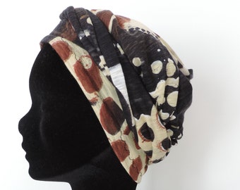TURBAN Black patterned adjustable handmade jersey hat made in France WITHOUT headband