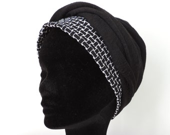 Schwarzer verstellbarer TURBAN-Hut, handgefertigt aus Jersey, hergestellt in Frankreich, MIT Stirnband
