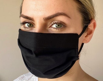 Triple Layer Face Mask UK • Reusable Washable Face Mask 3 Layer Filter •  Cotton Black Face Covering handmade • Free delivery