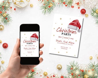 May include: A digital and printed Christmas party invitation with a red and white Santa hat illustration. The invitation includes the text "Christmas Party", "Dec 24th 7 PM", "Drinks, Food, Music", and "123 Anywhere St, Any City".