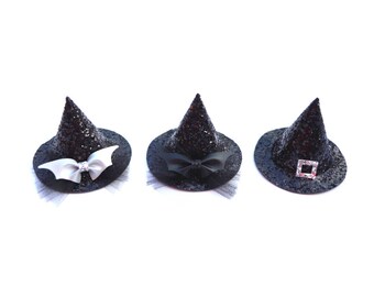 3” Mini Witch Hats, Faux Leather Bows, Gift for kid, Baby Bow, Halloween Bow, Halloween Accessories, Witch Costume, Bat Witch Hat