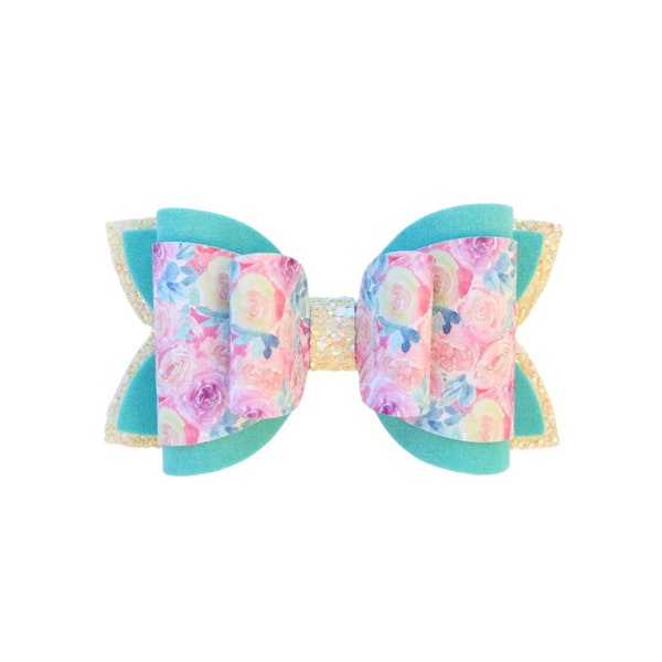 Floral Hair Bow, Faux Leather Bows, Gift for kid, Baby Bow, Girl Bow, Stacked Bow, Hair Clip, Easter Hair Bow, Pink And Mint Floral