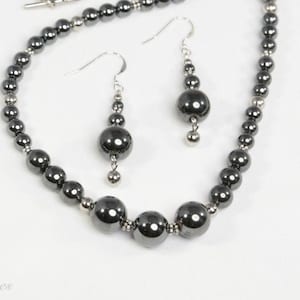 Hematite Necklace and Earrings Set; Toggle Clasp; Sterling Silver; HEMATITE COLLECTION