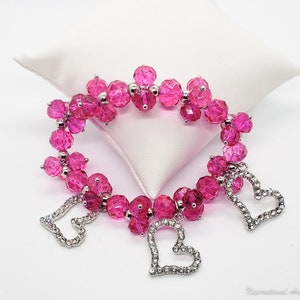 Fucshia Bling Heart Bracelet; Stretch Bracelet; Bling Bracelet; Glass Bracelet