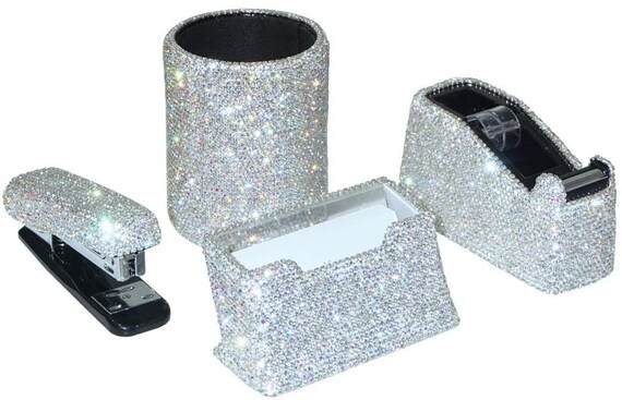 Rhinestone Crystal Bling Desk Set Stapler Tape Dispenser Rhinestone Crystal Bling Desk Set, Bling Desk Organizer Set