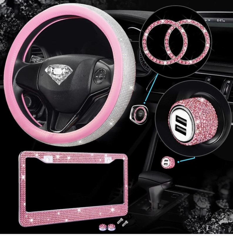 Steering Wheel Pink Crystal Car Bling Car Accessories Set Etsy