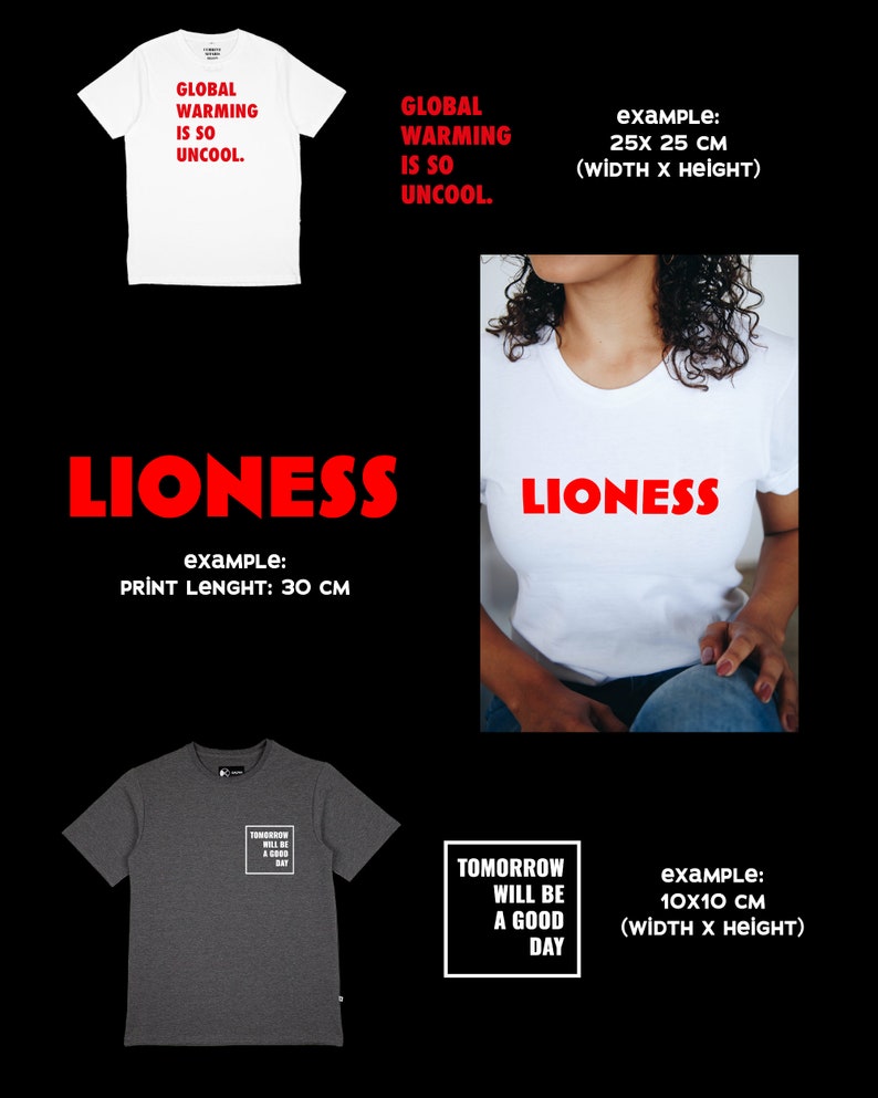 Pu&ograve; includere: Tre magliette bianche con diverse stampe di testo rosso. La prima maglietta dice "GLOBAL WARMING IS SO UNCOOL." La seconda maglietta dice "LIONESS" e la terza maglietta dice "TOMORROW WILL BE A GOOD DAY".
