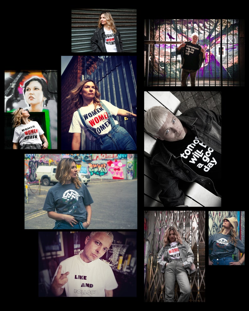 Pu&ograve; includere: Una collezione di foto che ritraggono persone che indossano diverse t-shirt con slogan diversi. Gli slogan includono "Women Women Women", "Like and Follow", "Tomorrow will be a good day" e "Shroom Queens".