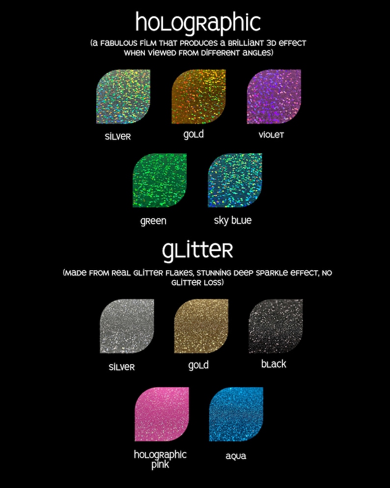 Pu&ograve; includere: Un grafico che mostra diversi colori di pellicola olografica e glitter. I colori includono argento, oro, viola, verde, azzurro cielo, nero, rosa olografico e acquamarina.