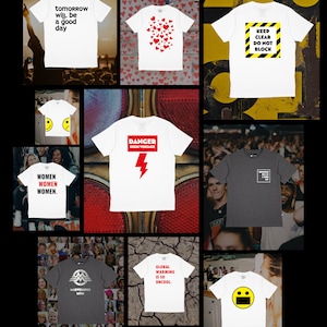 Pu&ograve; includere: Una collezione di dieci t-shirt bianche con diversi design grafici. I design includono: "tomorrow will be a good day", uno schema di cuori rossi, "keep clear do not block", un'emoticon sorridente, "danger high voltage", "women women women", "marvelous mum", "global warming is so uncool", e un'altra emoticon sorridente.