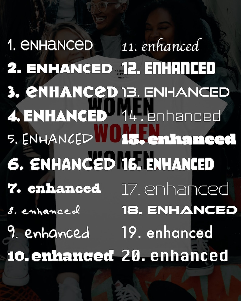 Pu&ograve; includere: Maglietta bianca con testo nero che recita "Enhanced Women" e i numeri da 1 a 20 con la parola "Enhanced" o "enhanced" accanto a ciascun numero.