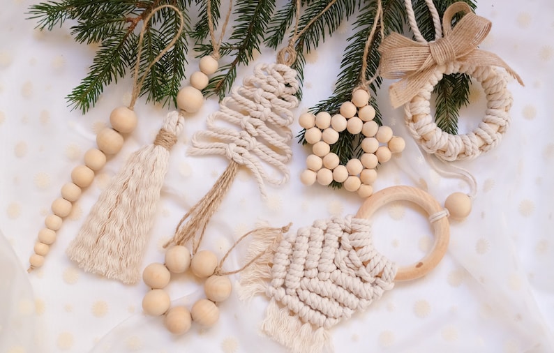 Christmas Ornaments/ Set/ Boho Christmas tree decorations/ Farmhouse/ Modern/ Christmas 2022/ Custom tree ornaments/ Macrame ornaments Set 2 (macrame)