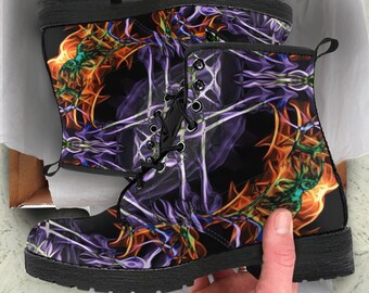 Cosmic Revelation Leather Boots-Women's Boots- Vegan Leather- Combat Boots- Classic Boots- Chakra Boots- Buddha Boots- Hippie Boots-Fire