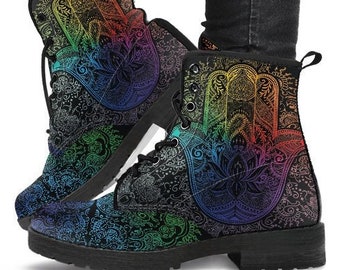 Rainbow Hamsa Boots-Women's Boots- Vegan Leather- Combat Boots- Classic Boots- Fashion Boots- Custom Boots- Psychedelic Boots- Floral Boots