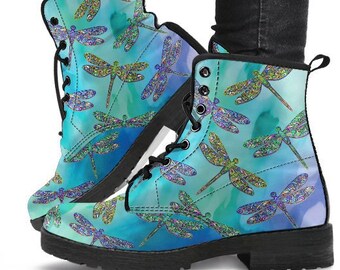 Water Dragonfly Boots-Combat boots- Vegan boots- Women's boots- Girl boots- Bohemian Boots- Boho boots- Psychedelic boots- Dragonfly Boots