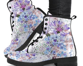 Lavender Floral Boots-Combat boots- Vegan boots- Women's boots- Girl boots- Bohemian Boots- Boho boots- Psychedelic boots- Floral Boots-