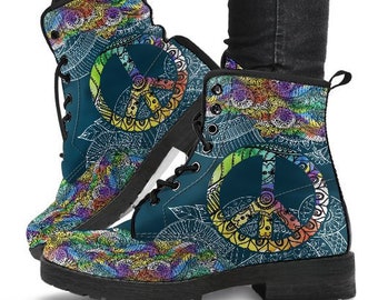 Rainbow Peace V1 Boots-Combat boots- Vegan boots- Women's boots- Girl boots- Bohemian Boots- Boho boots- Psychedelic boots- Mandala Boots-