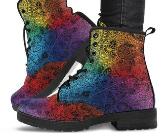 Ultimate Rainbow Mandala Boots-Combat boots- Vegan boots- Women's boots- Girl boots- Bohemian Boots- Boho boots- Psychedelic boots- Mandala