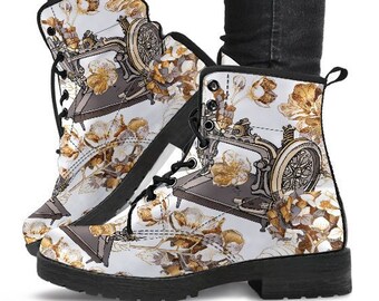 Floral Sewing Machine Boots-Combat boots- Vegan boots- Women's boots- Girl boots- Bohemian Boots- Boho boots- Psychedelic boots- Seamstress