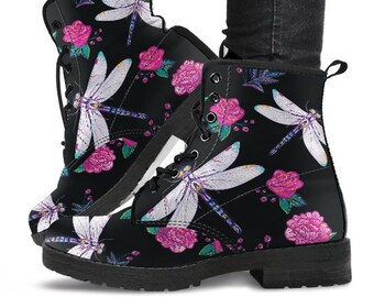 Rose Dragonfly Boots-Combat boots- Vegan boots- Women's boots- Girl boots- Bohemian Boots- Boho boots- Psychedelic boots- Dragonfly Boots