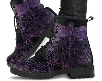 Purple DragonFly Mandala Boots-Combat boots- Vegan boots- Women's boots- Girl boots- Bohemian Boots- Boho boots- Psychedelic boots- Mandala