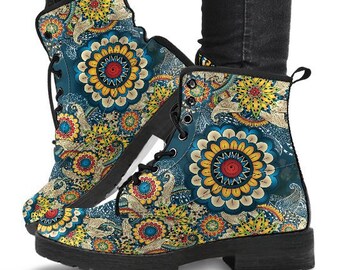 Sunflower Mandala Boots-Combat boots- Vegan boots- Women's boots- Girl boots- Bohemian Boots- Boho boots- Psychedelic boots- Mandala Boots-