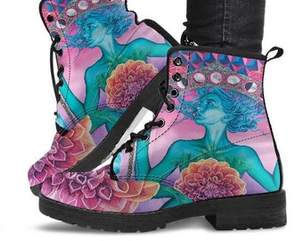 Gate Of Knowledge Boots-Women's Boots- Vegan Leather- Combat Boots- Classic Boots- Chakra Boots- Buddha Boots- Hippie Boots- Esoteric Boots