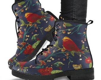 Birds N Flowers V4-Combat boots- Vegan boots- Women's boots- Girl boots- Bohemian Boots- Boho boots- Psychedelic boots- Bird Lover Gift,