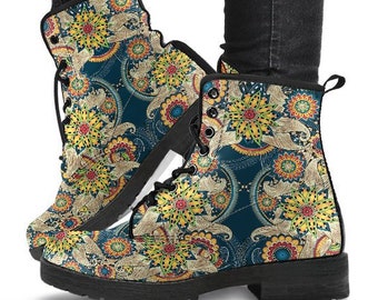 Flower Mandala V1 Boots-Combat boots- Vegan boots- Women's boots- Girl boots- Bohemian Boots- Boho boots- Psychedelic boots- Mandala Boots-