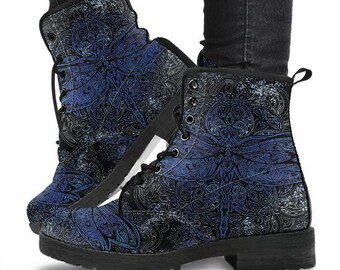 Dark Dragonfly Mandala Boots-Combat boots- Vegan boots- Women's boots- Girl boots- Bohemian Boots- Boho boots- Psychedelic boots- Mandala