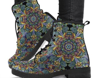 Magical Mandala V3 Boots-Combat boots- Vegan boots- Women's boots- Girl boots- Bohemian Boots- Boho boots- Psychedelic boots- Mandala Boots-