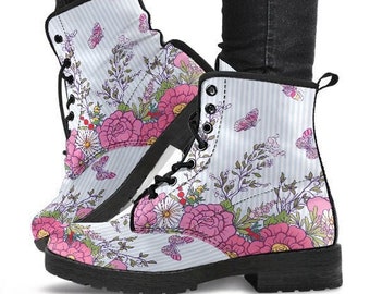 Pink Butterfly Flower Boots-Combat boots- Vegan boots- Women's boots- Girl boots- Bohemian Boots- Boho boots- Psychedelic boots- Floral