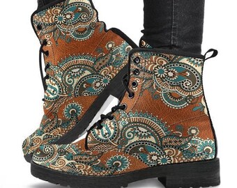 Brown Paisley Mandala Boots-Combat boots- Vegan boots- Women's boots- Girl boots- Bohemian Boots- Boho boots- Psychedelic boots- Mandala