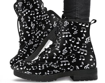 Musical Notes Boots-Combat boots- Vegan boots- Women's boots- Girl boots- Music Teacher Gift- Musician Gift- Musical Notes Gift- Music gift