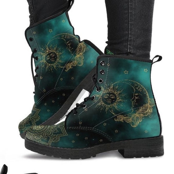 Nebula Sun Moon Boots-Botas de Mujer- Cuero Vegano- Botas de Combate- Botas Clásicas- Botas Chakra- Botas Boho- Botas Hippies- Botas Cool-