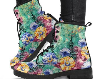 Vintage Floral Boots-Combat boots- Vegan boots- Women's boots- Girl boots- Bohemian Boots- Boho boots- Psychedelic boots- Floral boots-Botas