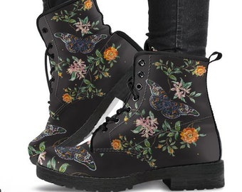 Black Butterfly Boots-Combat boots- Vegan boots- Women's boots- Girl boots- Bohemian Boots- Boho boots- Psychedelic boots- Mandala Boots-