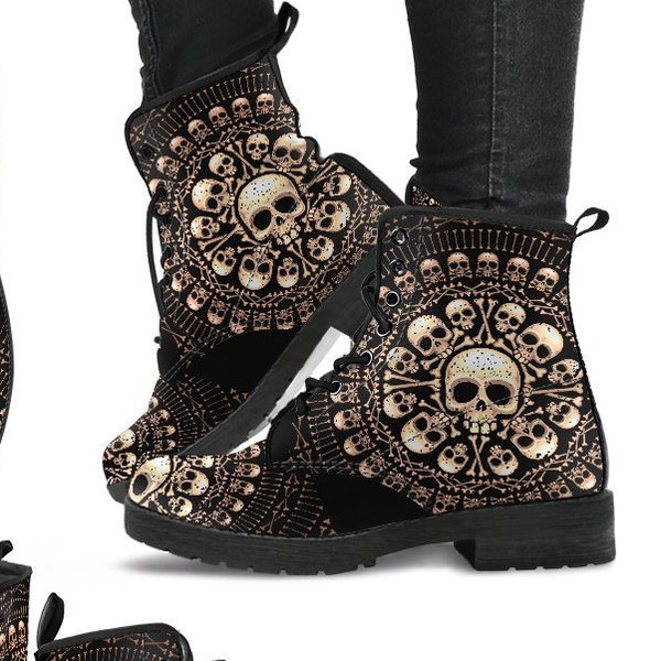Skull Bones Mandala Boots-Women's Boots- Vegan Leather- Combat Boots- Classic Boots- Chakra Boots- Buddha Boots- Hippie Boots- Skull boots