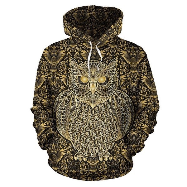 Gold Owl Hoodie-Chakra Mandala Hoodie- Chakra Hoodie- Spiritual Hoodie- Hippie Gift- Gift for Hippie- Boho Hoodie- Spiritual Gift- Custom