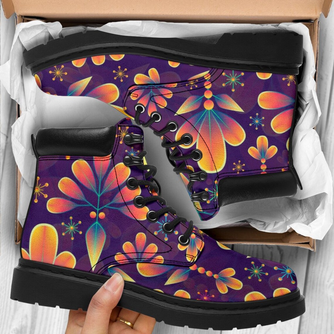 Floral Pattern Classic Bootsvegan Boots Etsy