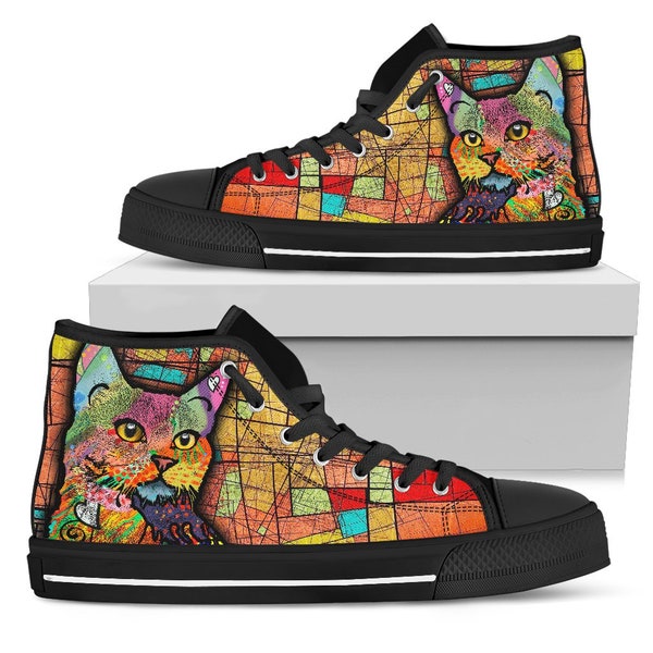 Psychedelic Cat High Tops-Women's High Tops- Canvas Shoes- Streetwear- Casual Shoes- Custom Shoes- Hippie Shoes- Fashion Shoes- Boho-cat