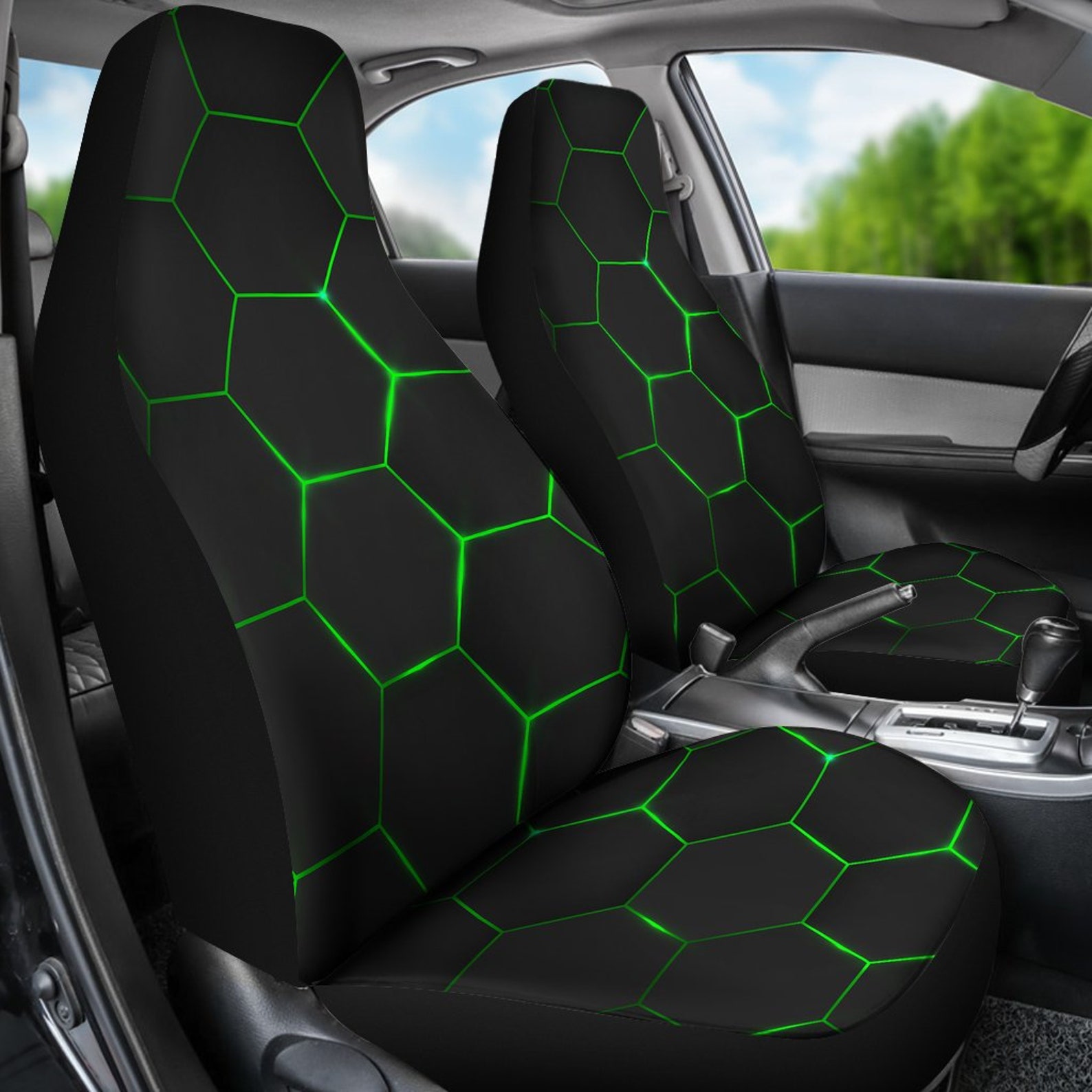 Black Green Hexagon Car Seat Coverspattern Car Seat Covers Etsy