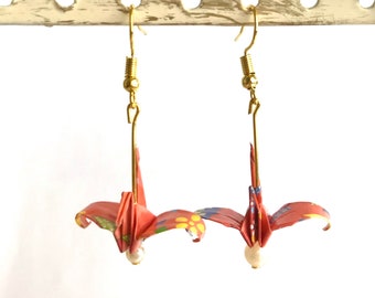 Origami Tsuru Ohrringe [KAYOKO], mit Perle, rot, bunt, Muster, Papier Schmuck, Japan, mit Echtgold vergoldet, Nickel-frei＜KR16＞