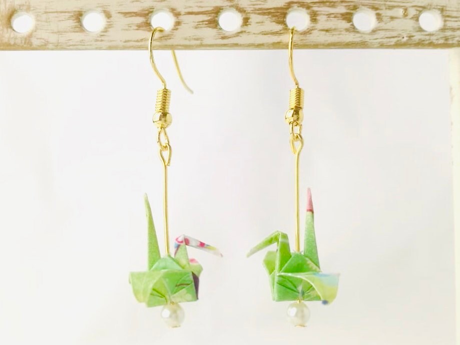Kleine Origami Kranich Ohrringe YASUKA Tsuru mittellang grün Etsy