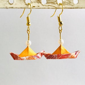 Origami Schiffe Ohrringe [FUNE], mit Perle, modern, Muster, schick, gold, nickelfrei, blau, orange, pink, schwarz, japan, Papier