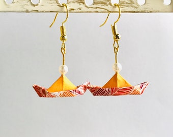 Origami Schiffe Ohrringe [FUNE], mit Perle, modern, Muster, schick, gold, nickelfrei, blau, orange, pink, schwarz, japan, Papier